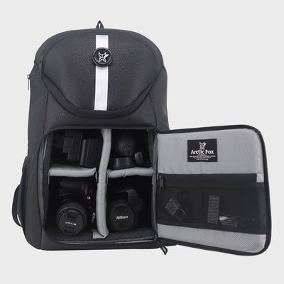 arctic fox flash jet black professional dslr camera bag and camera backpack - front open